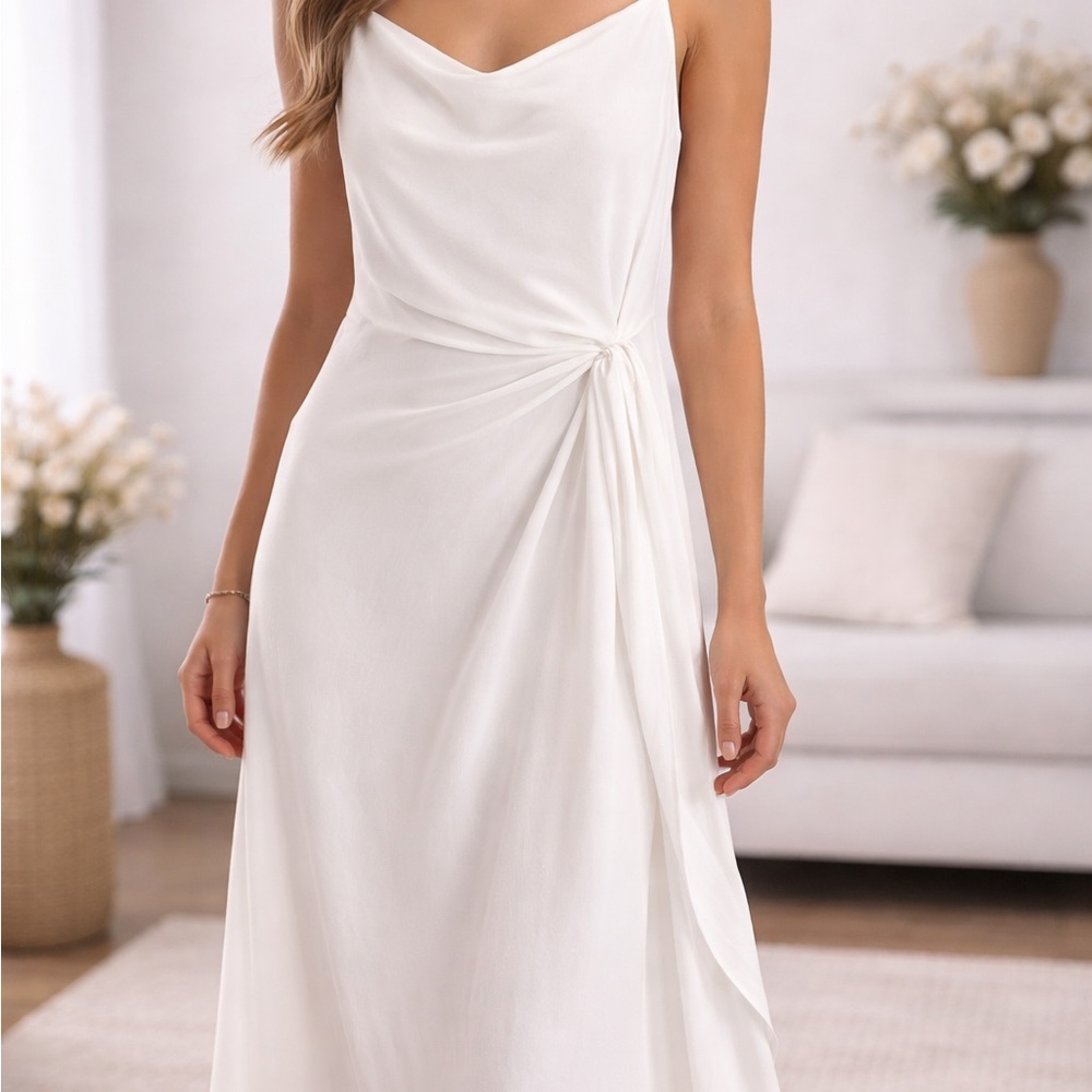 White Maxi Dress NWT Draped Side Tie coastal bride luxe minimalist resort wear